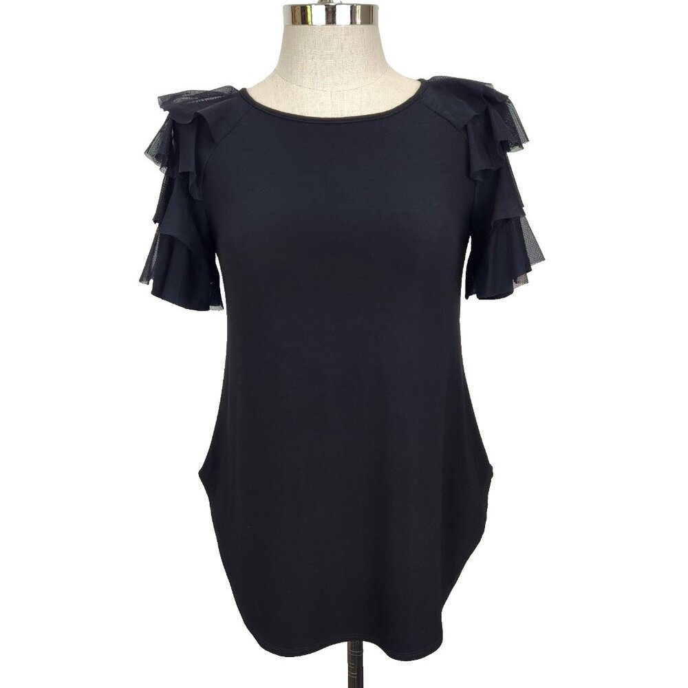 Joseph Ribkoff Mesh Ruffle Sleeve Top Womens 10 Black Round Neck Curved Hem